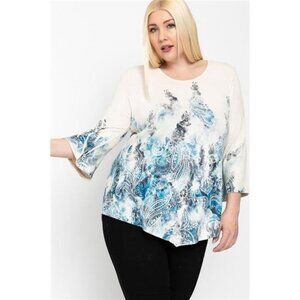 Blue Paisley Print Top Featuring A Round Neckline And 3/4 Bell Sleeves- USA